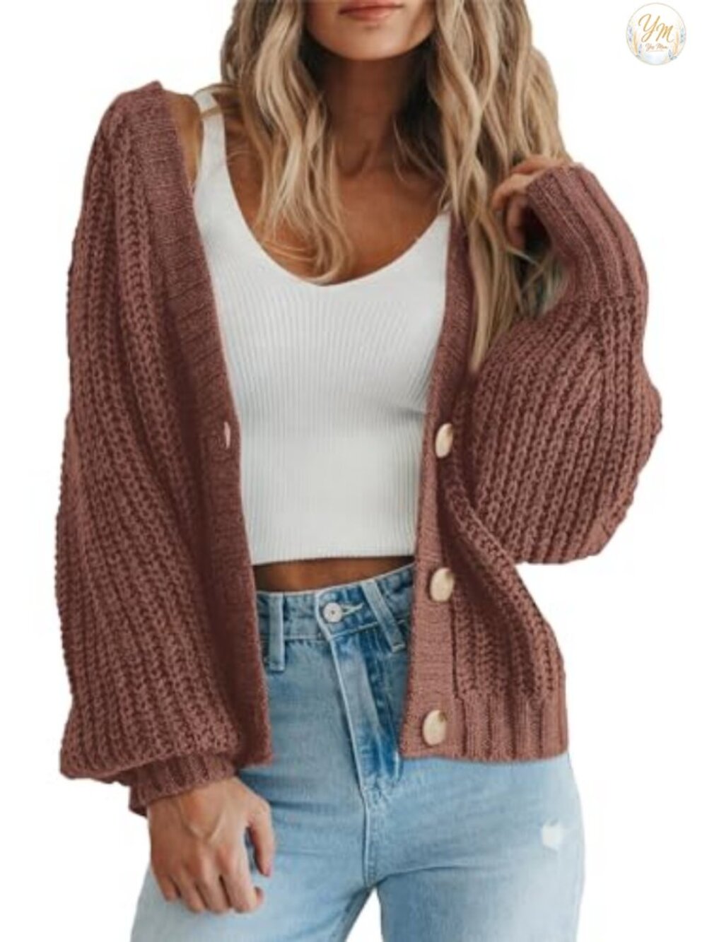 Chunky Knit Open Front Button Cardigan Sweater V-Neck Long Sleeve Fall Layering
